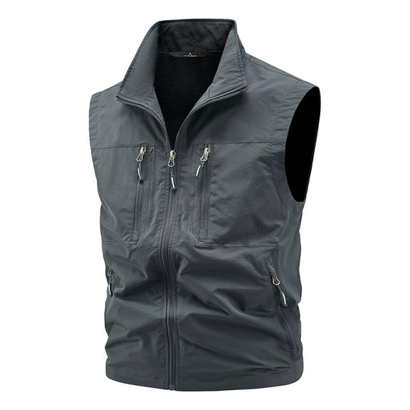 OGLCCG Men's Casual Retro Cargo Vest with Multi-Pocket Full Zip Fishing Photographer Vest Coat Outdoor Sleeveless Work Jacket,XXXXL,Dark Gray