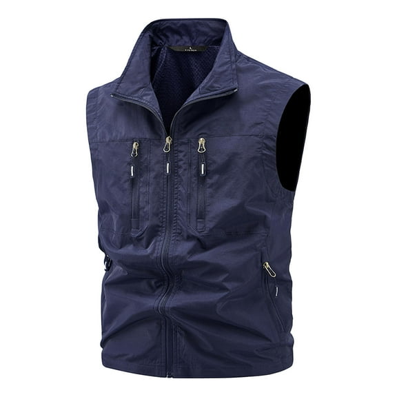 OGLCCG Men's Casual Retro Cargo Vest with Multi-Pocket Full Zip Fishing Photographer Vest Coat Outdoor Sleeveless Work Jacket,XXXXXL,Dark Blue