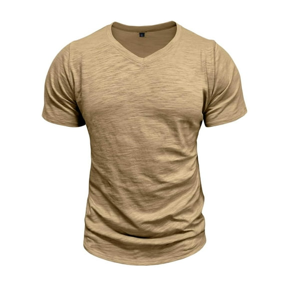 OGLCCG Men's Casual T Shirts Short Sleeve Cotton Classic V Neck T-Shirt Summer Fashion Solid Color Lightweight Vacation Beach Tees Shirt,L,Khaki