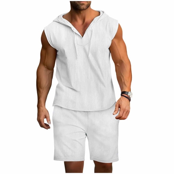 OGLCCG Men's Cotton Linen Beach Outfits Summer Short Sleeve Hooded Tank Tops and Shorts Solid Color 2 Piece Gym Workout Running Sets,XXXL,White