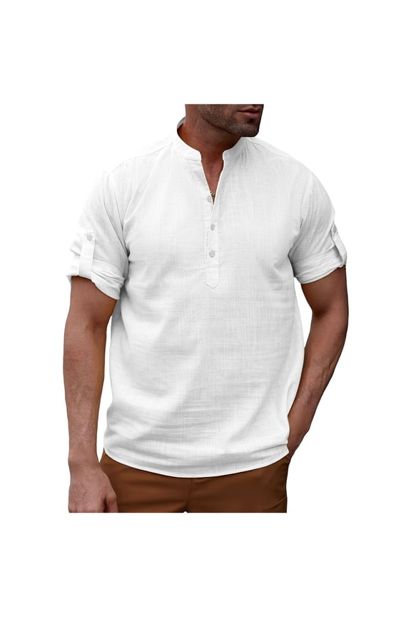 Men's Cotton Linen Henley T-Shirt Long Sleeve V Neck Button Up Hippie Casual Yoga Tops Solid Color Lightweight Summer Beach T-Shirt,L,White