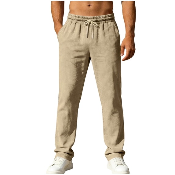 OGLCCG Men's Cotton Linen Pants Elastic Waist Drawstring Casual Trouser with Pockets Lightweight Straight-Legs Loose Beach Yoga Pants,XXXL,Khaki