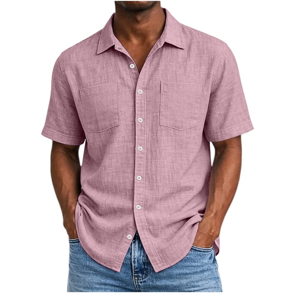 OGLCCG Men's Cotton Shirts Casual Button Down Short Sleeve Shirt Solid Lapel Collar Summer Beach Shirts with Pocket