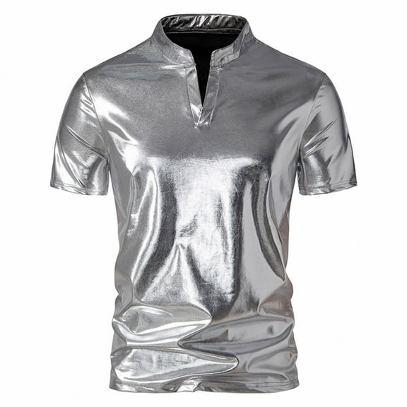 OGLCCG Men's Fashion Liquid Shiny Metallic Shirts Casual Slim Fit V-Neck Short Sleeve T-Shirt Party Tees Tops for Nightclub