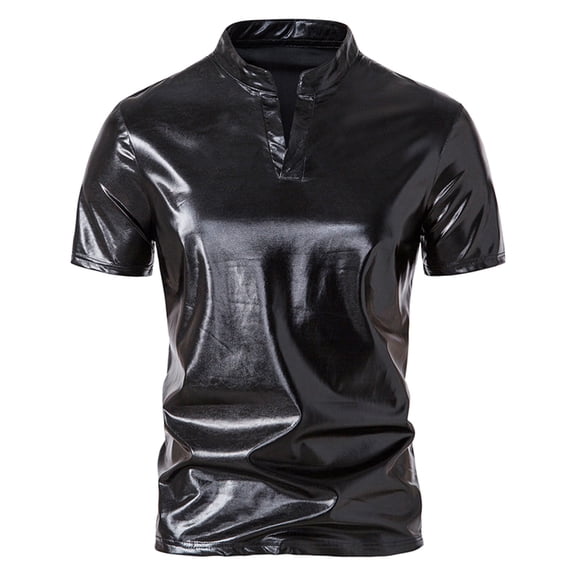 OGLCCG Men's Fashion Liquid Shiny Metallic Shirts Casual Slim Fit V-Neck Short Sleeve T-Shirt Party Tees Tops for Nightclub
