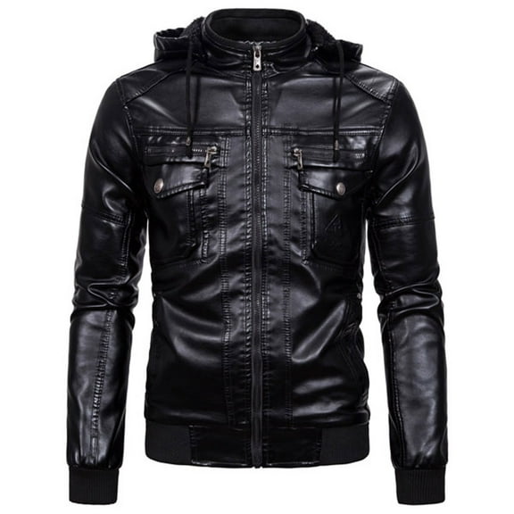 OGLCCG Men's Faux Leather Motorcycle Jacket Winter Thicken Warm Fleece Lined Windproof PU Leather Jacket Vintage Moto Biker Coat with Removable Hood