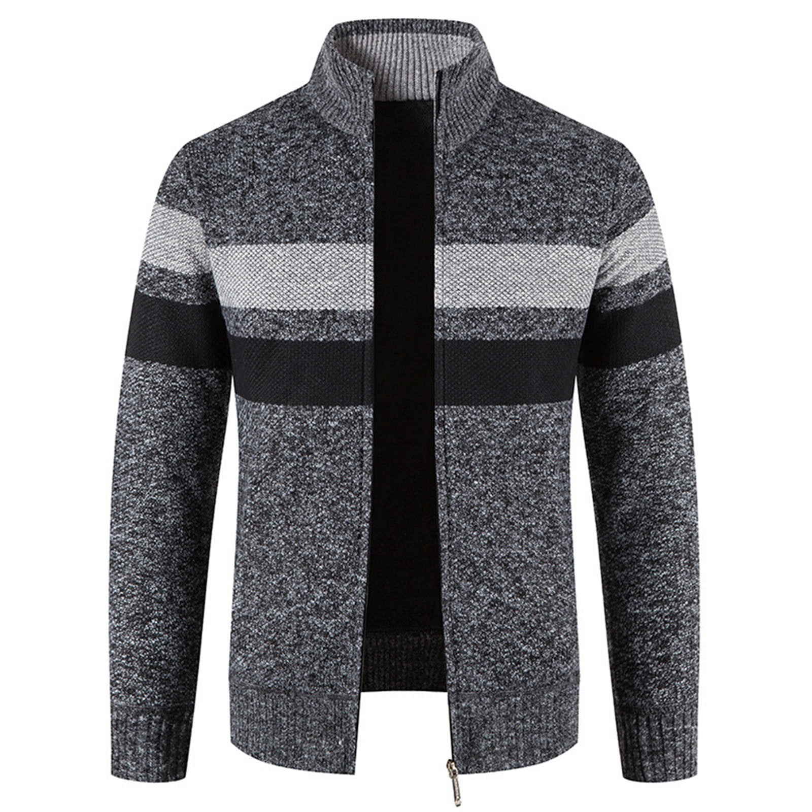 Men's Fleece-Lined Full Zip Cardigan – Stand Collar Knitted Plaid