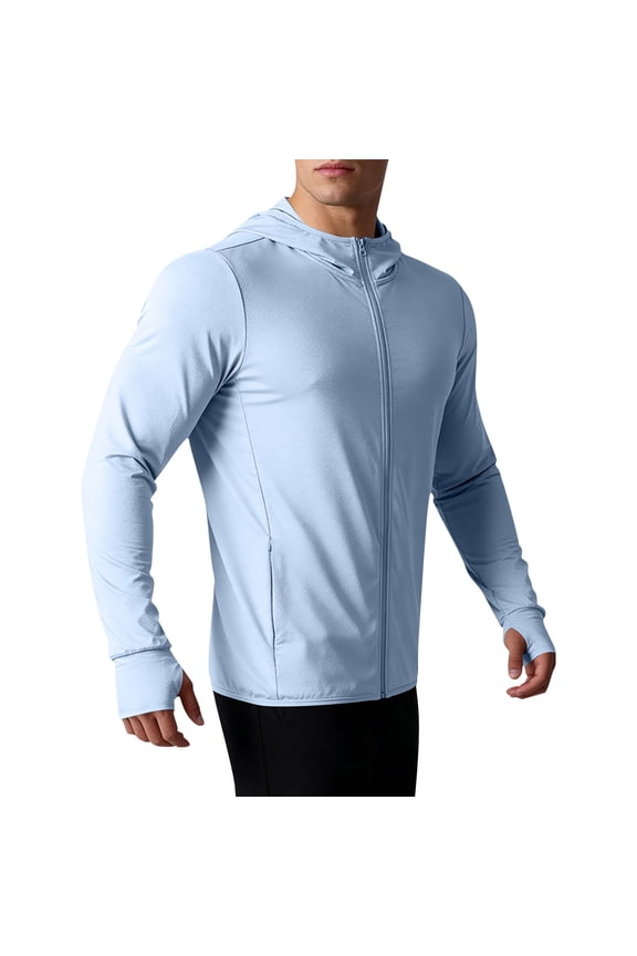 Men's Full Zip UPF 50+ Sun Protection Hoodie Long Sleeve UV Jacket with Pockets Lightweight Running Fishing Hiking Hoodies,XXL,Light Blue