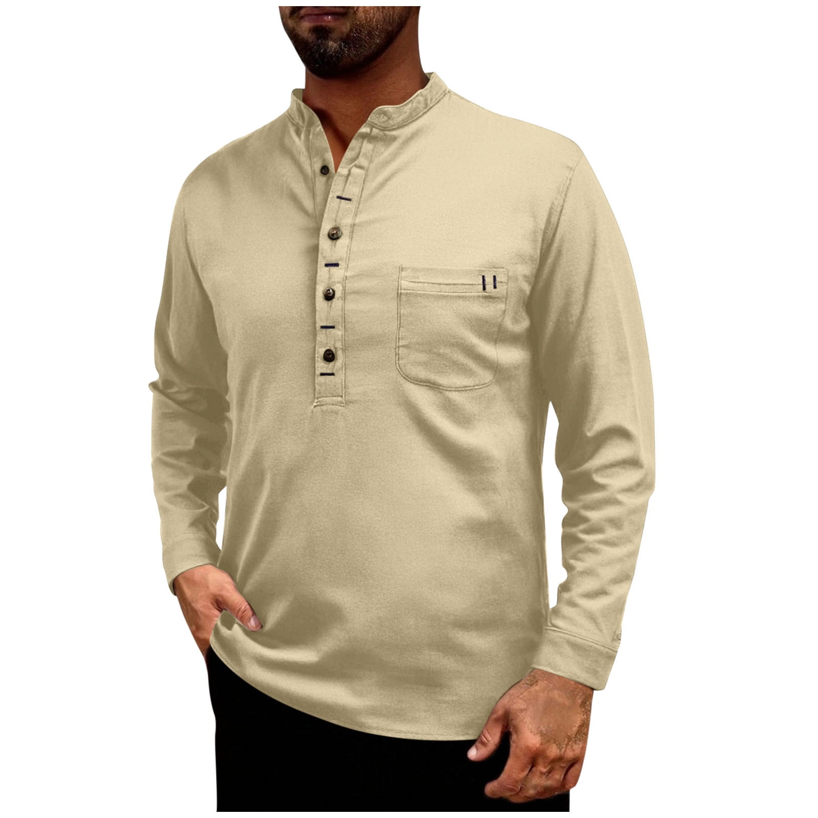 OGLCCG Men's Henley Shirts Cotton Linen Long Sleeve Button Pocket T ...