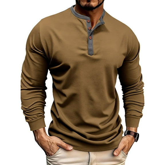 OGLCCG Men's Henley Shirts Lightweight Long Sleeve Button T-Shirt Casual Spring Summer Solid Color Cotton Crewneck Pullover Shirts,L,Khaki
