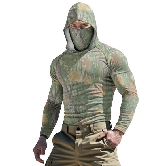 OGLCCG Men's Hooded Sun Shirts with Mask UPF 50  Sun Protection Fishing Hiking Shirts Camouflage Printed Long Sleeve Rash Guards Cooling Hoodies