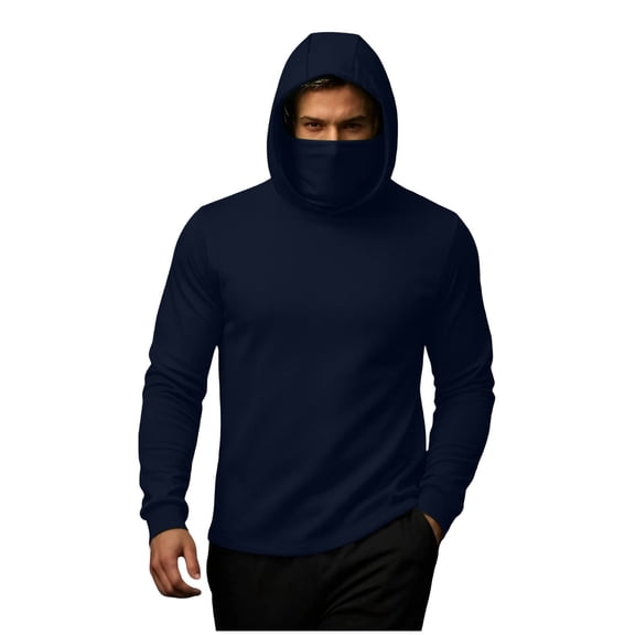 OGLCCG Men's Hoodie with Face Mask Lightweight Fleece Lined Long Sleeve Hooded Sweatshirts Outdoor Soft Running Sports Pullover Tops,L,Navy