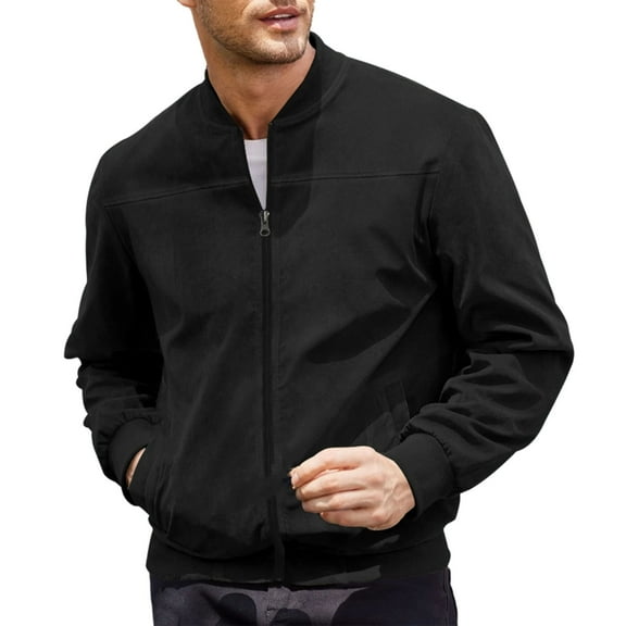 OGLCCG Men's Lightweight Bomber Jacket Causal Stylish Full Zip Long Sleeve Windbreaker Solid Colot Loose Fit Light Jacket with Pockets,S,Black
