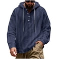 thumbnail image 1 of OGLCCG Men's Linen Stripe Hooded Shirts V Neck Half Button Down Long Sleeve Drawstring Blouses Oversized Casual Loose Fit Pullover Tops,M,Navy, 1 of 6