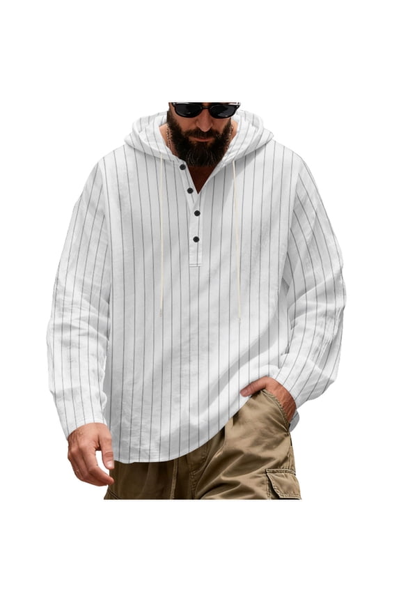 Men's Linen Stripe Hooded Shirts V Neck Half Button Down Long Sleeve Drawstring Blouses Oversized Casual Loose Fit Pullover Tops,M,White