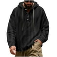 thumbnail image 1 of OGLCCG Men's Linen Stripe Hooded Shirts V Neck Half Button Down Long Sleeve Drawstring Blouses Oversized Casual Loose Fit Pullover Tops,XXL,Black, 1 of 6