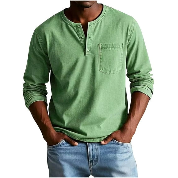 OGLCCG Men's Long Sleeve Distressed Henley Shirts Casual V Neck Solid Color Button T-Shirts with Pocket Classic Loose Fit Work Tees,L,Green