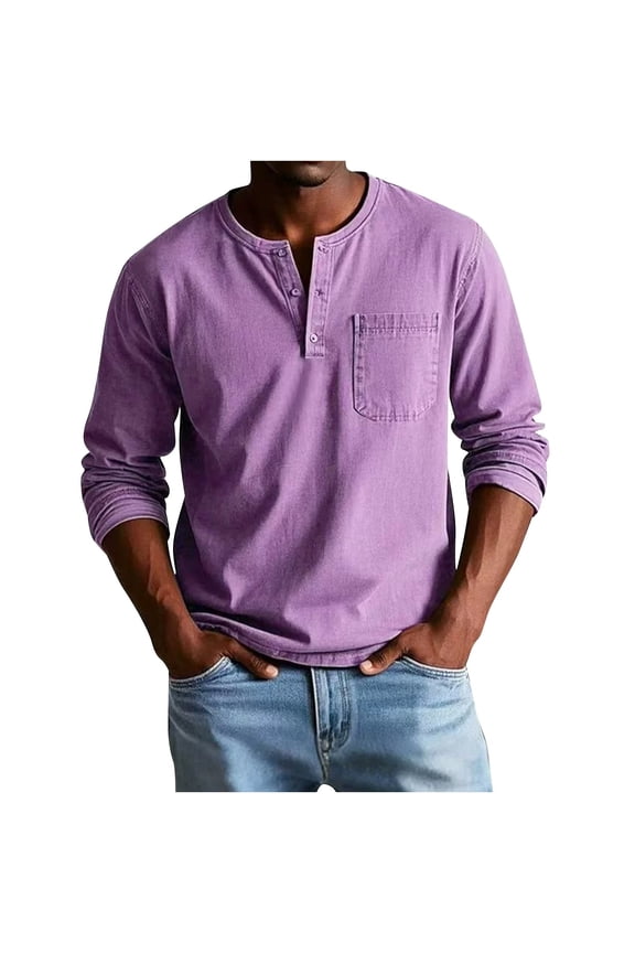 Men's Long Sleeve Distressed Henley Shirts Casual V Neck Solid Color Button T-Shirts with Pocket Classic Loose Fit Work Tees,L,Purple