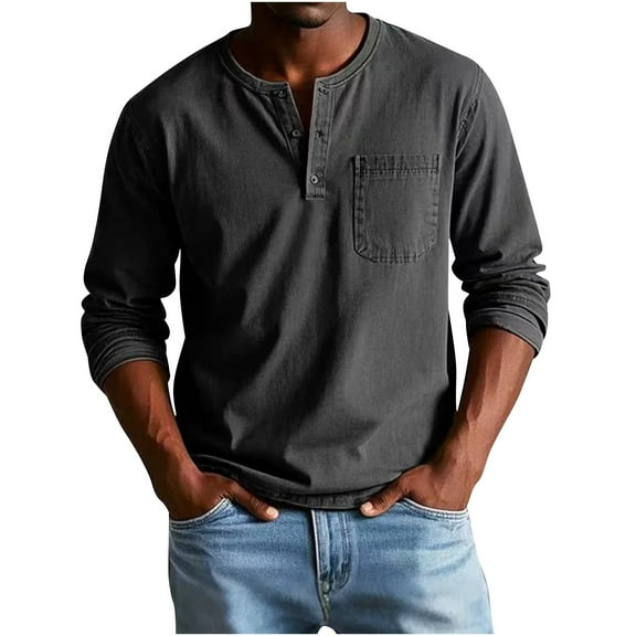 OGLCCG Men's Long Sleeve Distressed Henley Shirts Casual V Neck Solid Color Button T-Shirts with Pocket Classic Loose Fit Work Tees,M,Black