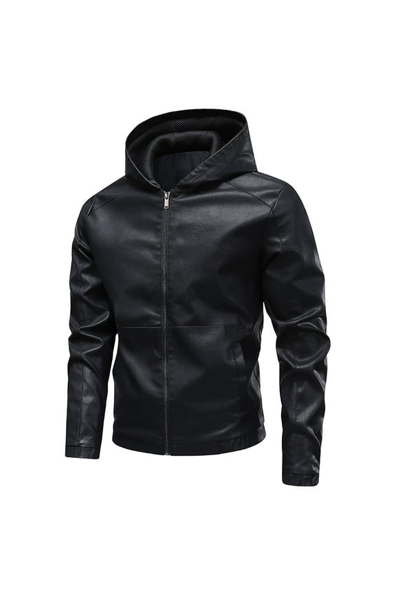 Men's Matte Faux Leather Hooded Jacket Motorcycle Zip-Up Loose Fit Biker Coat Fashion Long Sleeve Bomber Jacket with Pockets