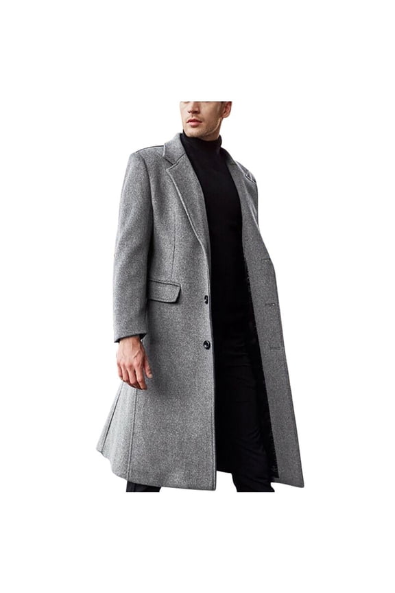 Men's Notch Lapel Single Breasted Woolen Coat Long Formal Business Trench Coat British Style Fashionable Warm Fleece Woolen Overcoat Peacoat
