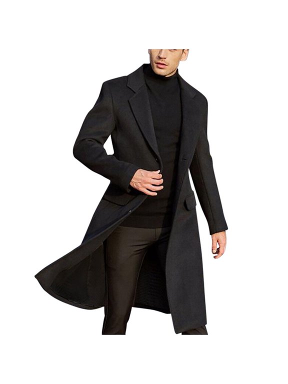 Men's Notch Lapel Single Breasted Woolen Coat Long Formal Business Trench Coat British Style Fashionable Warm Fleece Woolen Overcoat Peacoat