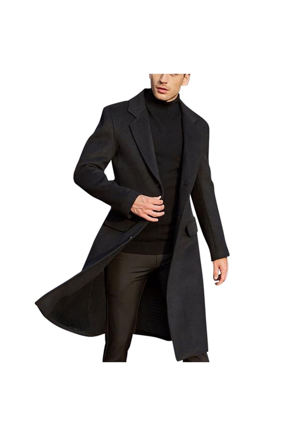 Men's Notch Lapel Single Breasted Woolen Coat Long Formal Business Trench Coat British Style Fashionable Warm Fleece Woolen Overcoat Peacoat
