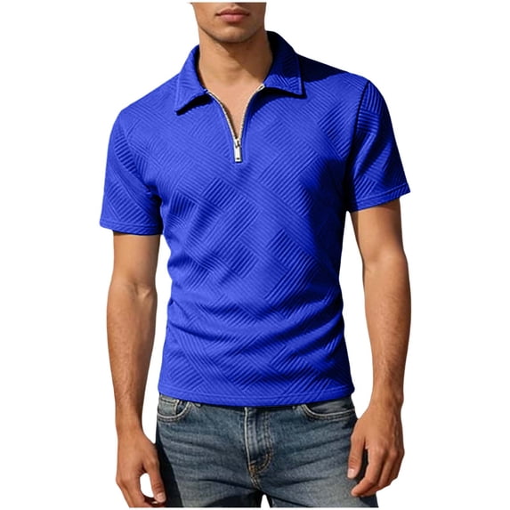 OGLCCG Men's Quarter-Zip Golf Shirts Lapel Collared Jacquard Short Sleeve Pullovers Casual Solid Color Business Tee Tops,XXL,Blue