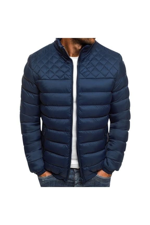Men's Down Jacket Winter Warm Thick Slim Fit Stand Collar Cotton Coat Solid Color Zipper Shoulder Chest Rhombus Puffer Jackets
