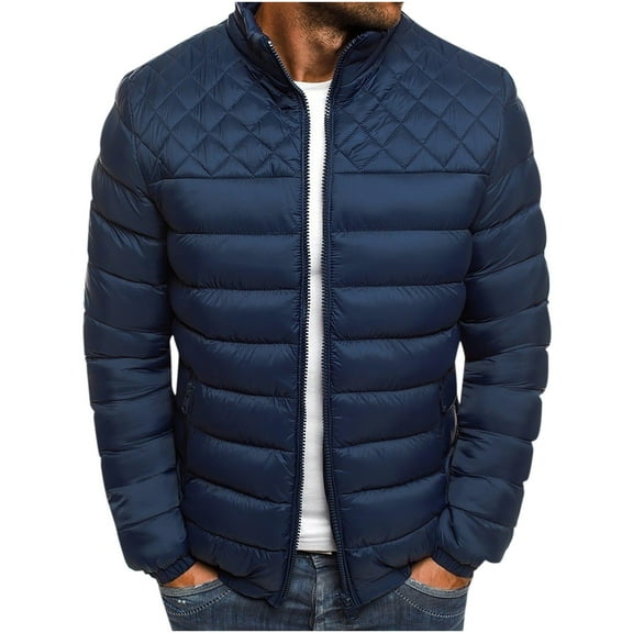 Men's Down Jacket Winter Warm Thick Slim Fit Stand Collar Cotton Coat Solid Color Zipper Shoulder Chest Rhombus Puffer Jackets