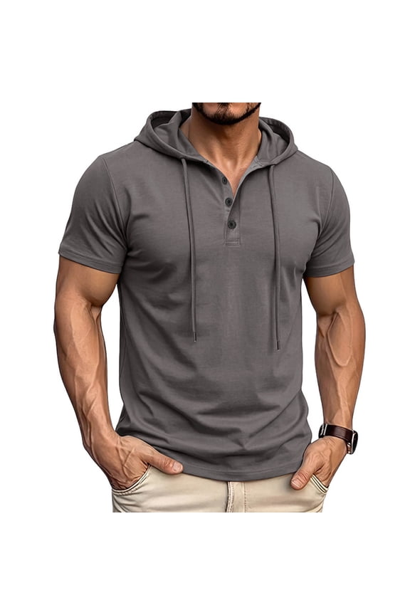 Men's Short Sleeve Hooded T Shirt Quarter Button Casual Drawstring Hoodie Top Athletic Workout Muscle Summer Pullover Shirts,Dark Gray