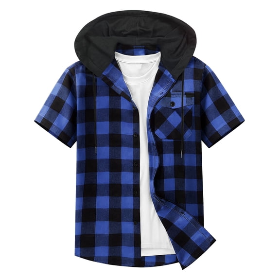 OGLCCG Men's Short Sleeve Plaid Hoodies Drawstring Casual Loose Button Down Cardigan Summer Loose Fit Patchwork Hooded Tee Shirts,S,Blue