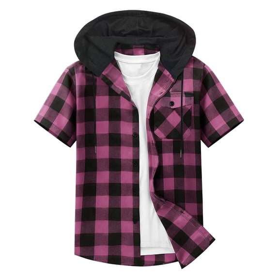 OGLCCG Men's Short Sleeve Plaid Hoodies Drawstring Casual Loose Button Down Cardigan Summer Loose Fit Patchwork Hooded Tee Shirts,XXL,Hot Pink