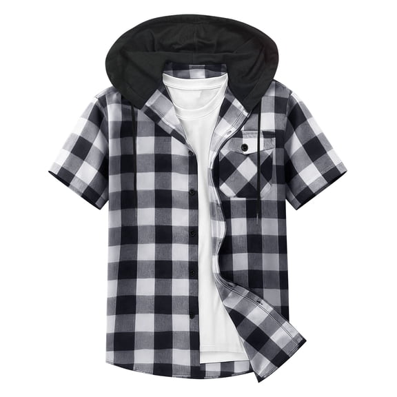OGLCCG Men's Short Sleeve Plaid Hoodies Drawstring Casual Loose Button Down Cardigan Summer Loose Fit Patchwork Hooded Tee Shirts,XXXL,White