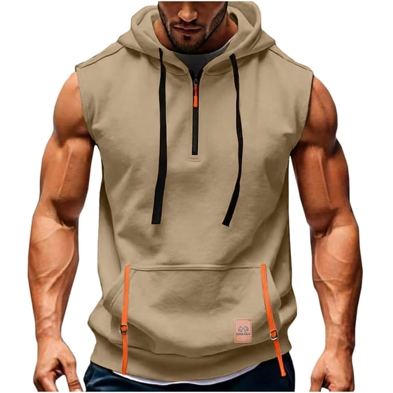 OGLCCG Men's Sleeveless Workout Hoodies Summer Half Zip Loose Workout Casual Tank Tops Gym Athletic Running Muscle Shirts,XL,Khaki