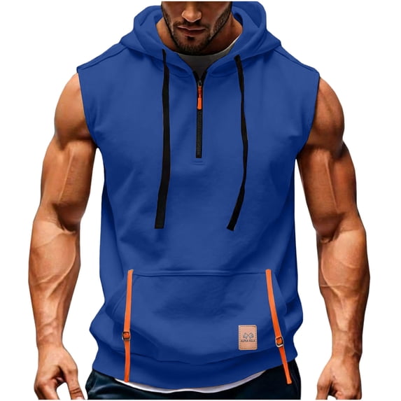 OGLCCG Men's Sleeveless Workout Hoodies Summer Half Zip Loose Workout Casual Tank Tops Gym Athletic Running Muscle Shirts,XXXL,Blue