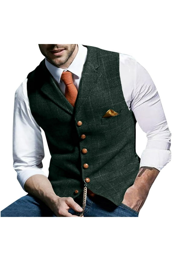 Men's Suit Vest Classic Slim Fit Plaid Business Formal Dress Waistcoat Premium Wool Blend Herringbone Tweed Suits Vest