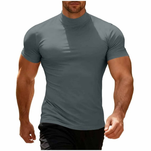 OGLCCG Men's Summer Mock Turtleneck T Shirt Short Sleeve Casual Basic Pullover Tops Solid Color Stretch Slim Fit Athletic Undershirt,S,Gray