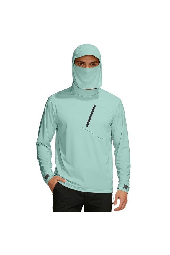 Men's Sun Protection Shirts UPF 50+ Long Sleeve Hoodie with Mask UV SPF Fishing Hiking Rash Guard Shirts with Pocket,M,Mint Green