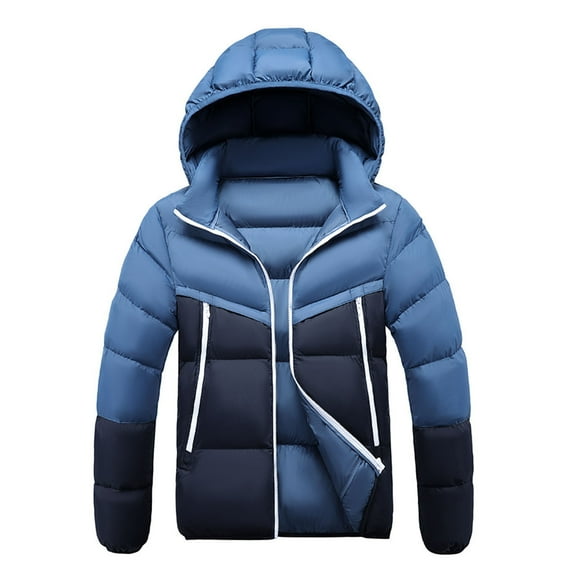 OGLCCG Men's Thermal Padded Jacket Wind-Resistant Full Zip Hooded Warm Winter Down Coat Color Block Long Sleeve Thick Puffer Jacket with Pockets,XXL,Blue