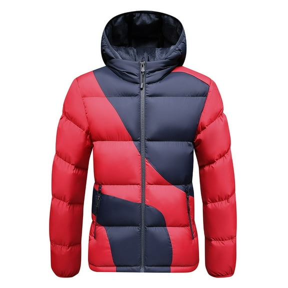 OGLCCG Men's Thermal Puffer Jacket Wind-Resistant Thick Hooded Warm Winter Down Coat Color Block Full Zip Padded Jacket with Pockets,XL,Red
