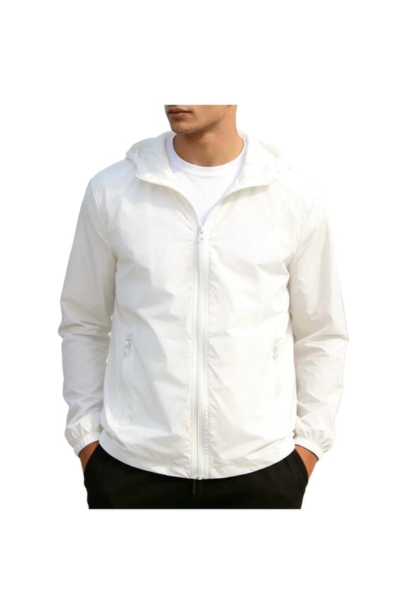 Men's UPF 50+ Sun Jacket Full Zip Long Sleeve UV Protection Jacket Summer Running Hiking Rash Guard Hooded Jackets,L,White