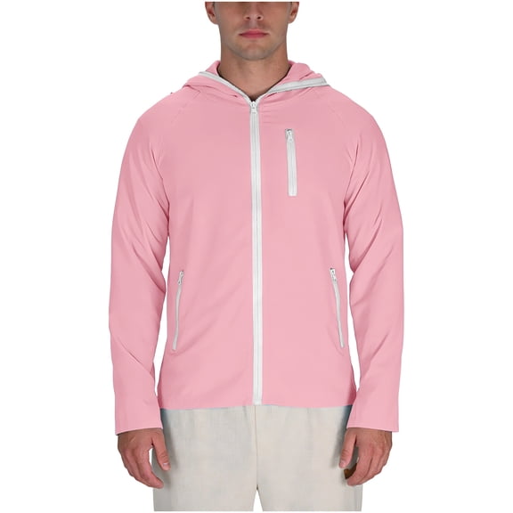 OGLCCG Men's UPF 50 Sun Protection Hoodie Jacket Lightweight Full Zip Long Sleeve Light Jacket Outdoor Hiking Fishing Sun Shirts with Zip Pockets,M,Pink