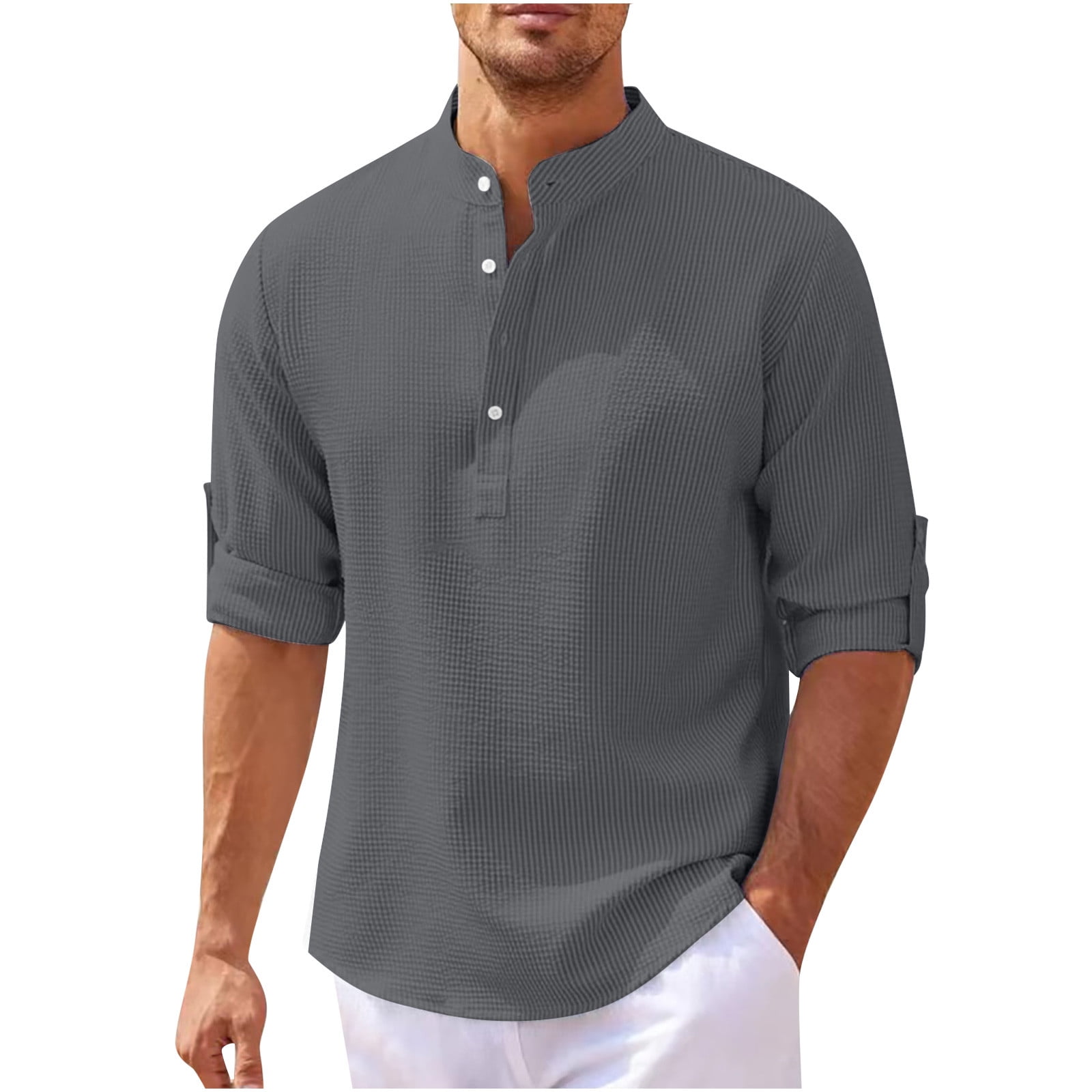 OGLCCG Men's Waffle Long Sleeve Henley Shirt Casual Solid Color Mock ...