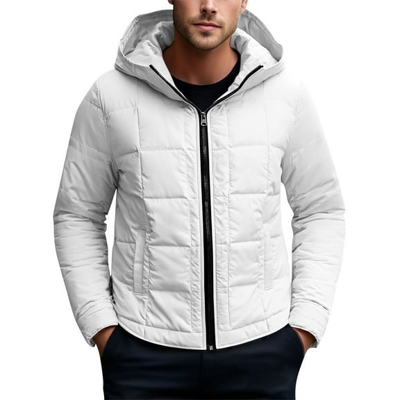 OGLCCG Men's Winter Padded Jacket Full Zip Long Sleeve Quilted Puffer Jacket with Pockets Solid Color Thermal Warm Down Jacket for Men,XL,White