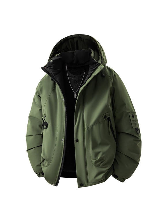 Men's Winter Padded Jacket Full Zip Thick Thermal Warm Hooded Snow Coat with Pockets Outdoor Waterproof Work Cargo Jackets for Men