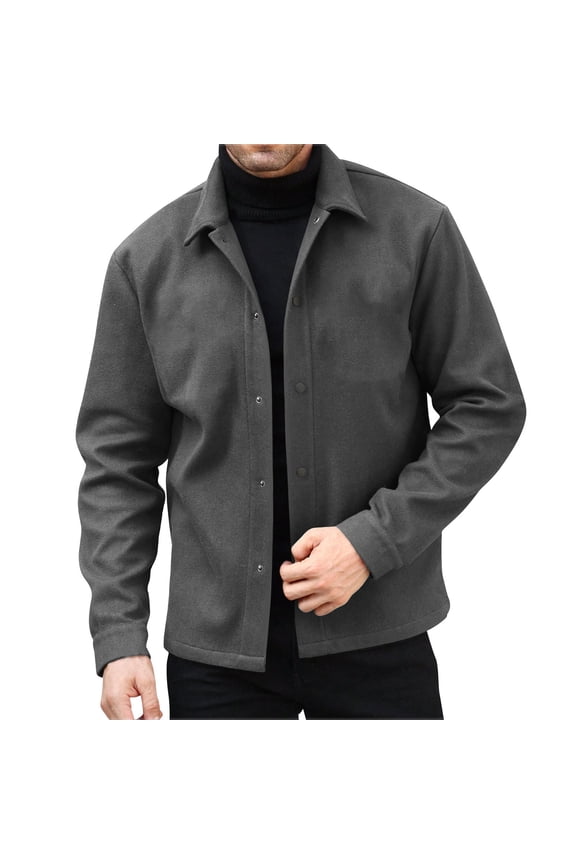 Men's Wool Bomber Jacket Casual Single Breasted Woolen Blend Coat Solid Color Turn Down Collar Long Sleeve Jacket,L,Dark Gray
