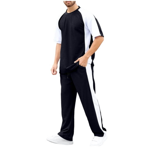 OGLCCG Mens 2 Piece Sweatsuits Outfits Short Sleeve Pullover Tees and Joggers Sweatpants Lightweight Summer Casual Track Suits Set with Pockets,S,Black