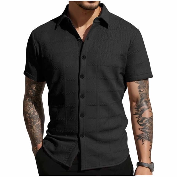 OGLCCG Mens Button Down Shirts Short Sleeve Casual Collared Jacquard Summer Beach Tees Shirt Loose Fit Lightweight Vacation T-Shirts Tops,L,Black