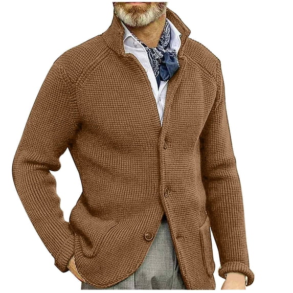 OGLCCG Mens Cardigan Sweater Stand Collar Button Down Knit Sweaters Coats with Pockets Solid Color Fall Winter Chunky Warm Outwear,M,Khaki